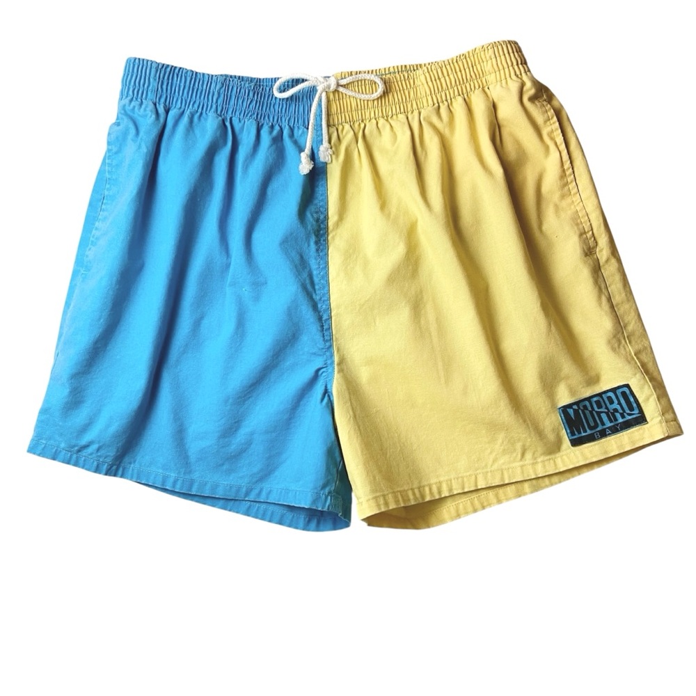 Vtg 80s 90s Morro Bay Two Tone Shorts Trunks Swimwear Surfer Blue Yellow Sz L